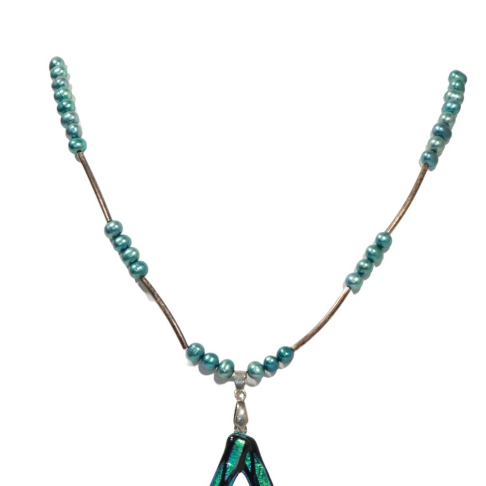Blue Pearl Handblown Glass Pendant Handmade Necklace - Picture 3 of 7